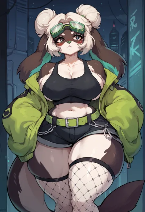 Anthro_dog, female, (white bun hair), (cleany drawn eyes, black eyes), orca dog, ((black and white fur)), green nose, big breasts, solo, Masterpiece, best quality, highly_detailed, anthro_only, (chubby), ((wide hips, thick thighs)), orca tail, dog ears, (t...