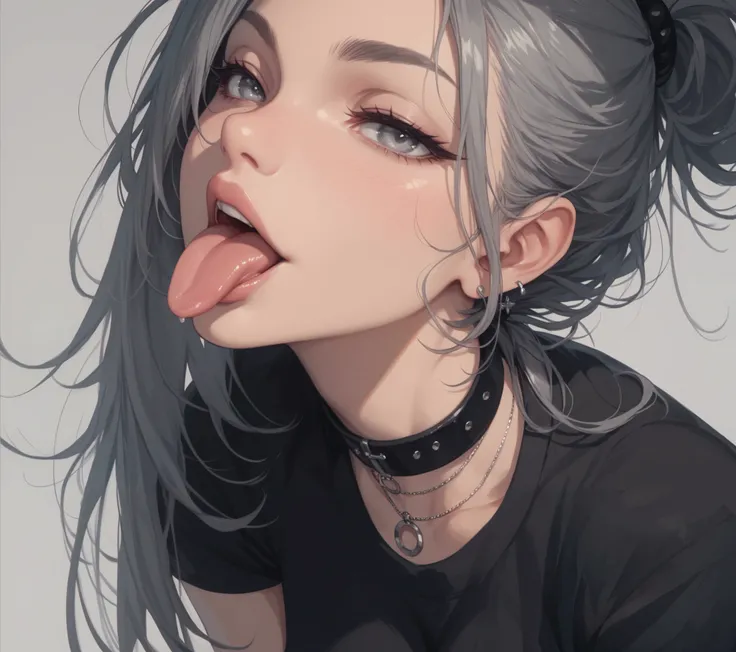 grey eyes, grey short hair tied to the back, chocker, black short, cleavage, boobs, tongue out,