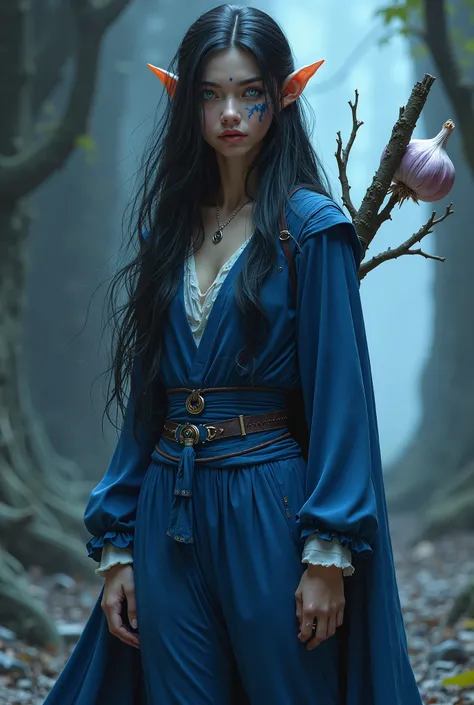 Elf with long hair.  blue eyes,  blue clothes, blue mole on the face, pants, garlic. Staff,  long dark hair , without cleavage, In pants, in a cloak , garlic за спиной