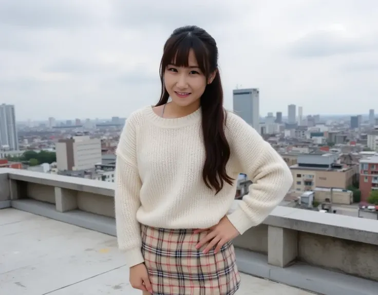 Japanese woman, cute, (long ponytail), (full body), knit sweater,  (checked mini skirt), cowboy shot,full body shot,standing,On the roof