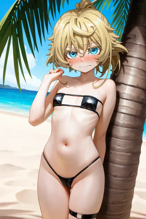 NSFW, Masterpiece, top quality, Hi-Res, very detailed, Tanya DeGrechaff, short hair、 blue eyes、 blond hair、 、 side lock、stupid hair、 ponytail、ショート ponytail,Eyepatch bikini, high leg bikini, multiple straps, thigh strap ,beach, palm trees,Embarrassed,blush