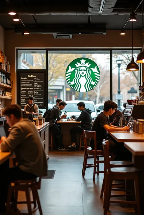 A cozy Starbucks coffee shop in a city in the United States, with a modern and warm design. The image is taken from inside the establishment, capturing the perspective of a seated customer. You can see the details of the place, such as the decoration with ...