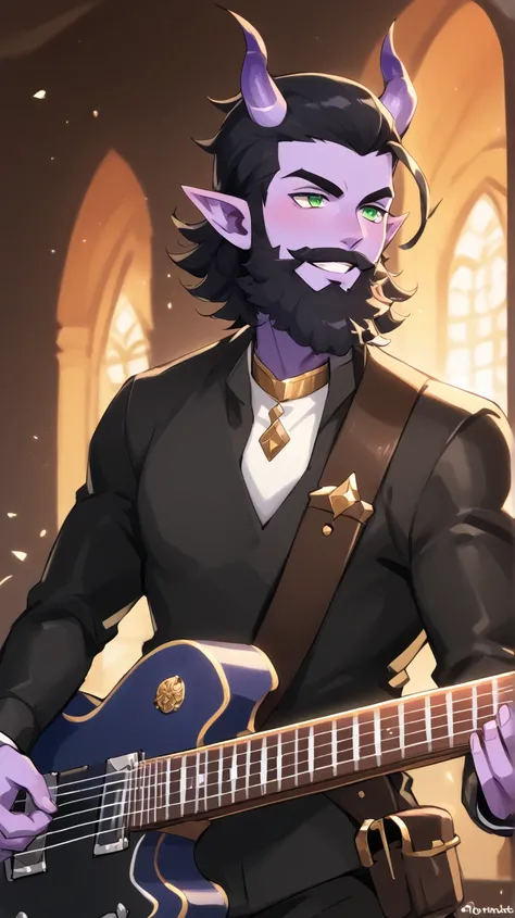 Male Bard rockstar Tiefling with purple skin,cool Tiefling horns with golden streaks, wearing leather outfit ,character of D&D, black hair, black beard, green eyes, smile, playing_ instrument, electric_guitar,  Perfect Eyes, purple skin,medim black hair,Th...