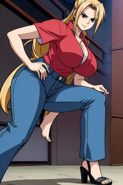 Tsunade from Naruto anime and she is an adult woman With big chest And she's wearing a blouse and jeans pants And she bends down 