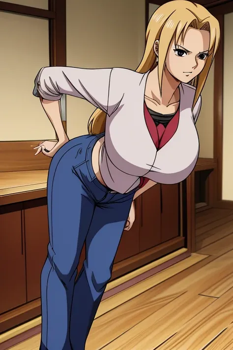 Tsunade from Naruto anime and she is an adult woman With big chest And she's wearing a blouse and jeans pants And she bends down 