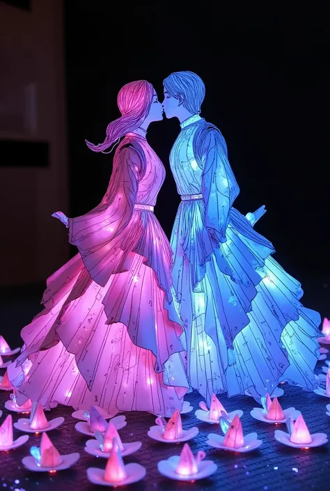 The Kissing Couple Figurine is folded from thousands of origami sheets, each glowing with neon pink and cyber blue LED edges. As they kiss, their paper bodies unravel into fractal cranes that dissolve into binary code. The ground beneath is a grid of holog...