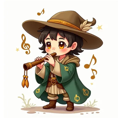 Chibi medieval bard in weathered forest-green traveler's cloak with golden musical note embroidery, playing ornate wooden flute with feathered tassels, anime-style face with (merry amber eyes:1.3)/(sun-kissed nose:0.8)/(stubbled jawline:1.1), wide-brimmed ...