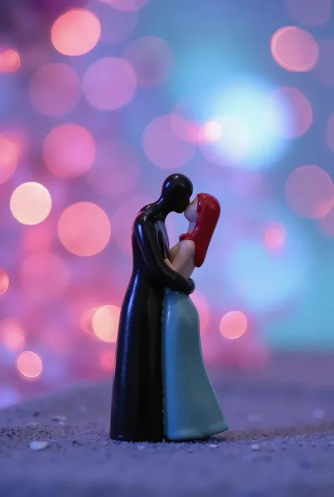 An enchanting figurine of a couple sharing a kiss, set against a mesmerizing Aurora Borealis-inspired celestial phenomenon. The background features swirling, dreamlike bokeh light orbs, softly blurred like the northern lights, creating an ethereal atmosphe...