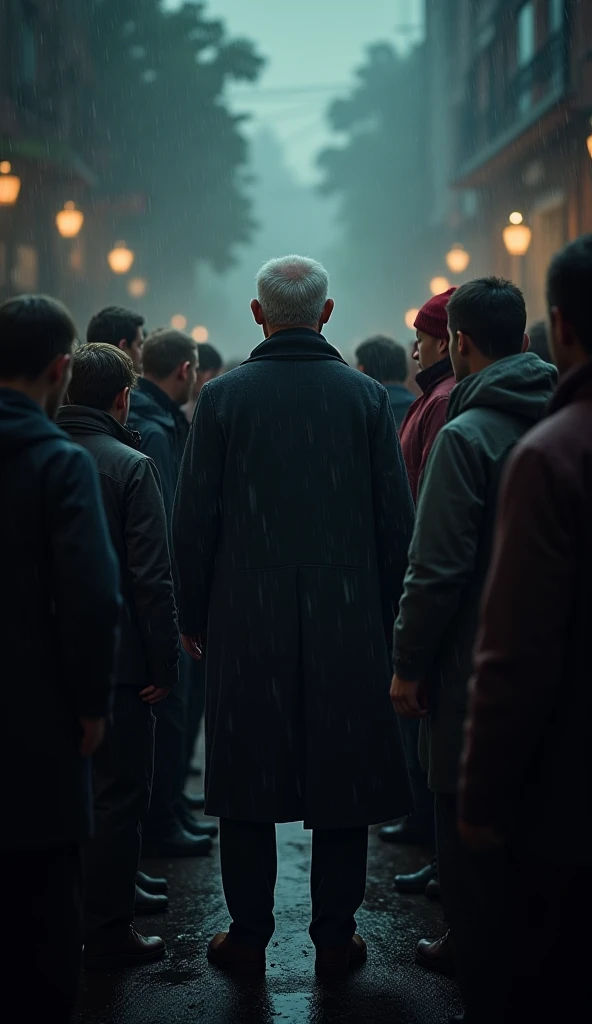  A group of people surround the old man on a dark and rainy street . Some are afraid ,  others seem desperate to hear their date .  The old man keeps his expression cold and distant while pointing to a particular person.