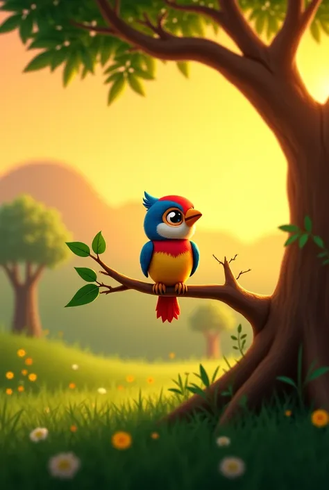 A small, colorful bird, named Mithoo, sits on a branch of a big tree in a peaceful village. She has big, curious eyes and is surrounded by lush greenery. The sun is setting in the background.