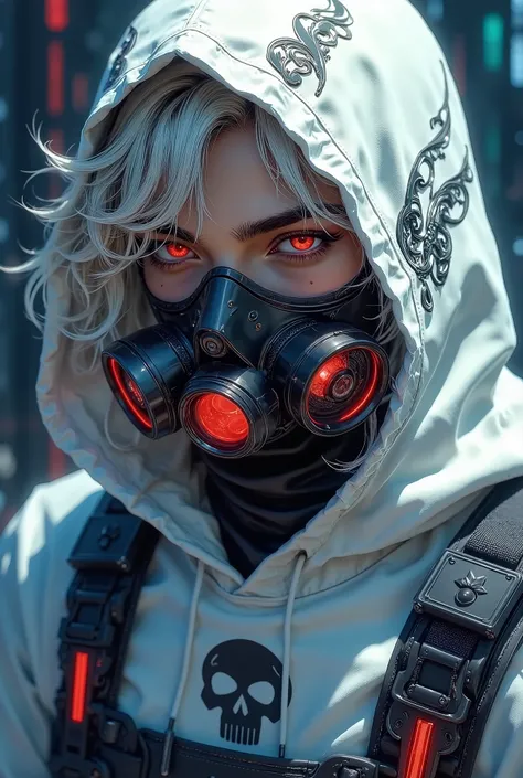 dark fantasy illustration, high detail fantasy anime, a highly stylized and vivid digital artwork featuring a futuristic and cyberpunk aesthetic. The character is adorned in a white hoodie with intricate black patterns and a skull motif, complemented by a ...