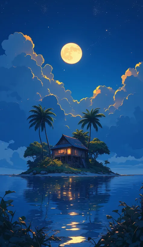 Digital illustration depicting a serene nighttime scene on a small tropical island. The layout features a central focus on a rustic wooden hut with a thatched roof, nestled among lush greenery and two tall palm trees. The island is surrounded by calm, refl...