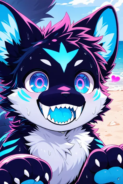 (((Feral))), male, fluffy fur, solo, attractive body, big tail, big paws, claws, ((big fangs)), (((white belly))), (((black fur))), (((blue neon fur markings))), cub, young, colored, crazy smile, floating hearts, chest fluff, fluffy hair, back fluff, leg f...