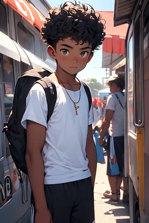 A 15-year-old dark-skinned .  curly black hair and big black eyes with innocent appearance,slim body wearing black ,  lenses with a white t-shirt and a brown quadrille shirt and a backpack , looking at the camera