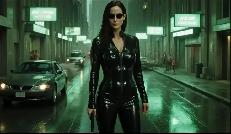 Trinity stands tall in a dark, rain-soaked alley, her sleek black leather bodysuit glistening under the eerie green and white neon lights that flicker against the wet pavement. Her hourglass figure is accentuated by the tight fit of the suit, highlighting ...