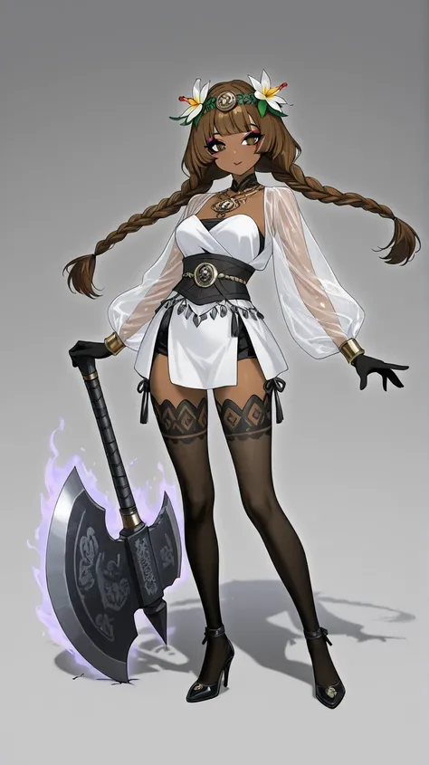 Anime, only (outfit Polynesian oni lady)
(Brown skin color) 
(Eye color hazel )
( Polynesian outfit,) (silk added on the clothes arms and legs)
(Eyeliner eyeshadow glitter glossy lipstick) 
(Color eyeshadow Black eyeliner dark, gray, glossy lipstick light ...