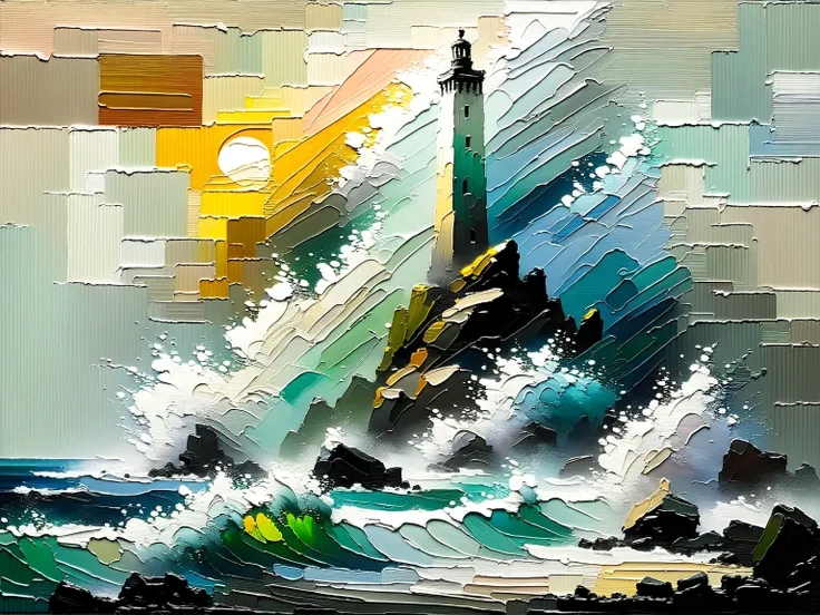 Compose a scenic coastal view dominated by a gargantuan monument, letting ocean spray create a subtle haze around the towering form. It should look like as if its Handmade Oil painting, Brushstrokes in Impasto, dry brushing, revealing lower layers, abstrac...