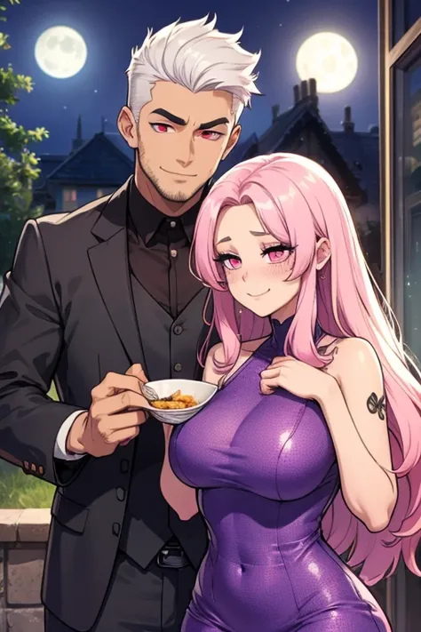 Perfect face. Perfect hands. A pink haired woman with violet eyes with an hourglass figure in a cool dress is eating dinner with a handsome white haired man with red eyes in a cool suit in front of the moonlight with big smiles