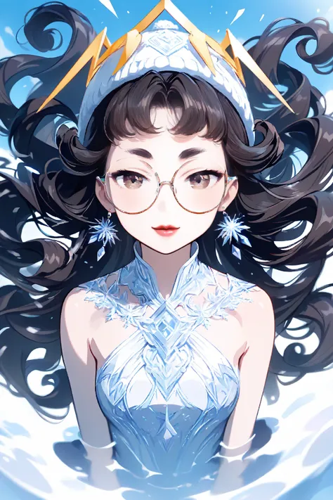 (masterpiece), best quality, Asian Female, white skin, tall, thin, (very long black hair:1.3, somewhat curly hair:1.2, her hair is lightly decorated in ice:1.5, wearing a white fur beanie), thin eyebrows, dark brown eyes, (round glasses with white rim:1.2)...