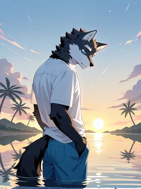 male, furry, 1boy, solo, wolf, white countershading, handsome, white eyebrows, summer clothes, looking down, wade, a lake BREAK high res, best quality, 8k, fancy, clear detail, distant view