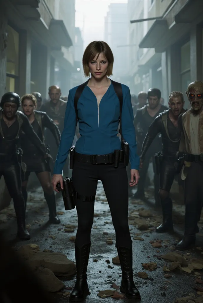 Soenna wraring jill valentine costume surrounded by zombies.