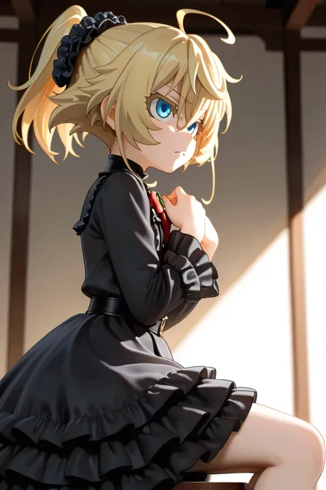 NSFW, Masterpiece, top quality, Hi-Res, very detailed, Tanya DeGrechaff, short hair、 blue eyes、 blond hair、 、 side lock、stupid hair、 ponytail、ショート ponytail, Gothic Lolita Dress , frill dress