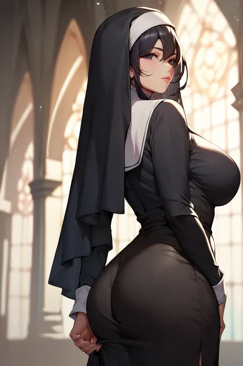 Score_9_up, Score_8_up, Score_7_up, Anime, 1girl, long flowing black hair, large breasts, large ass, nun, fully clothed, unfocused black eyes, standing, looking directly at viewer