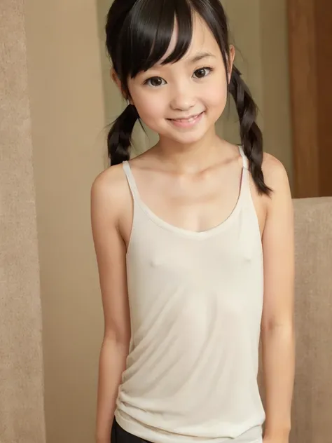 One girl, black hair, ponytail, BREAK, (tight camisole:1.4), BREAK, ((flat chest, tt_flat)), standing, upper body, smiling, summer,