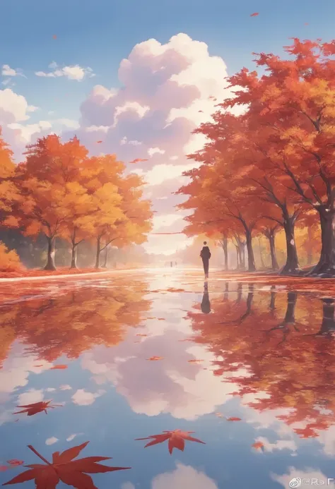 wallpaper, Standing in the autumn, Maple Leaf, Trees, Sky, White Cloud,  HD detail , wet watermark ,  super detailed , Movie,  Surrealism, Soft Light,  deep field defocusing ,  ray tracing, diffusion ( ultra-fine glass reflection ) and  Surrealism. 