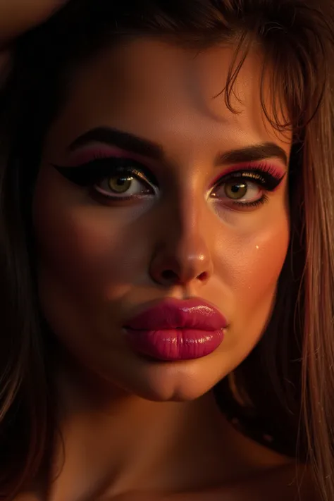 Extreme close up on a woman's face, plump, juicy lips, heavy makeup, exotic eyeshadow, pink lipstick, night time, lighting from a street light post