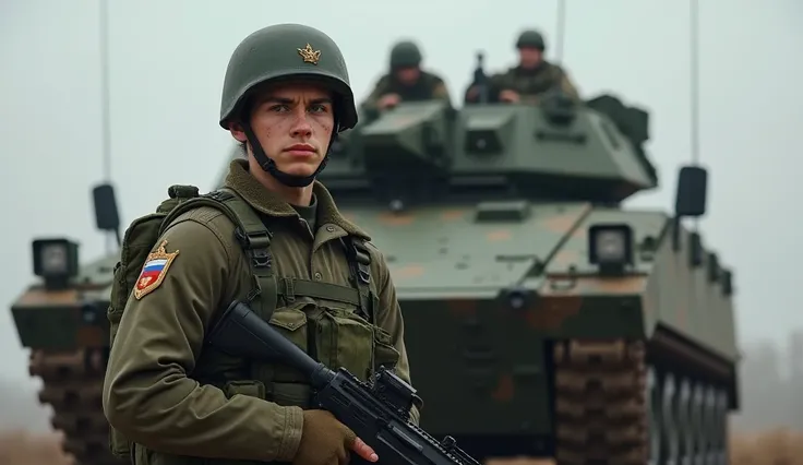 Young guy A soldier in a Russian uniform with a gun in the background of an armored vehicle