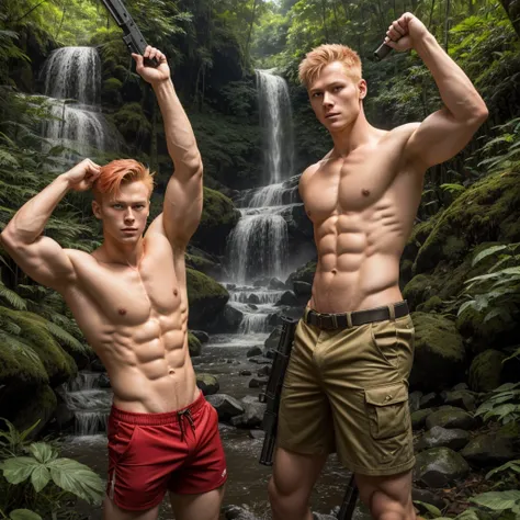 A handsome Taiwanese blond guy has six-pack muscles and chest hair. He raises his hands to expose his armpit hair. He holds a long gun and aims at the enemy. He wears shorts and has hairy legs.  Next to her, a red-haired woman .  Forest, waterfall, Taipei ...