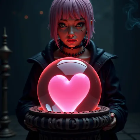 A hyperrealistic close-up shot of a crystal ball resting on a weathered blackened pedestal, carved with intricate runes, glowing faintly in pink amber. BREAK Behind the crystal ball, a young woman, full body, pink hair, short hair, detailed face, low light...