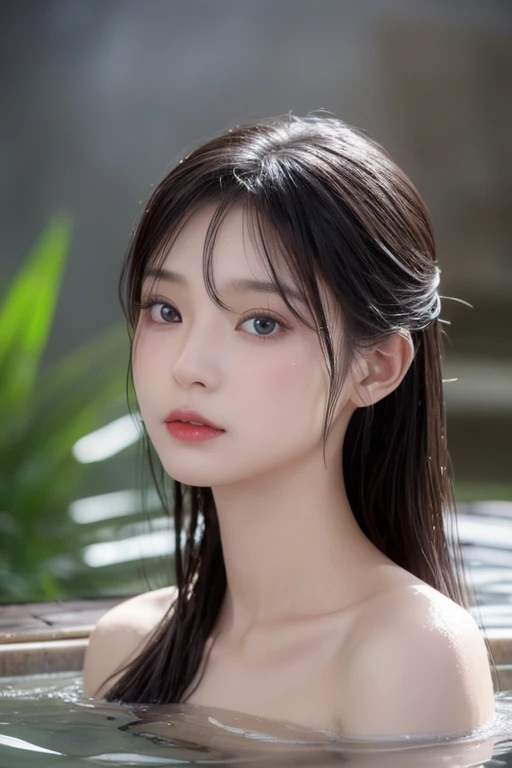 Japanese beautiful classy lady, narrow face, face forward, See here, red lips, wet skin, wet hair, naked, slim figure, a slender waist, sitting in a deep hot springs by bamboo forest, Soak up to the shoulders in the deep hot springs, in a cloud of steam, b...