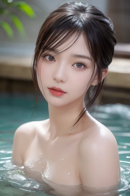 Japanese beautiful classy lady, narrow face, face forward, See here, red lips, wet skin, wet hair, naked, slim figure, a slender waist, sitting in a deep hot springs by bamboo forest, Soak up to the shoulders in the deep hot springs, in a cloud of steam, b...