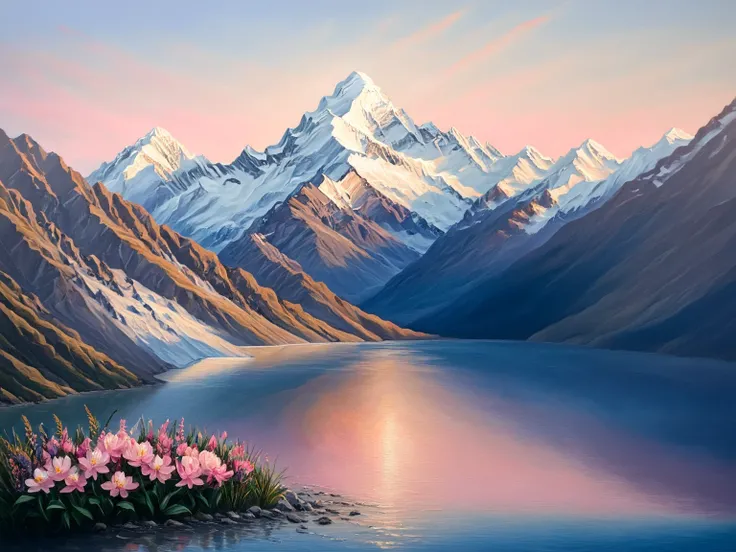 Focus on Aoraki Mount Cook at dawn, weaving delicate peach tones in the sky with calm, reflective waters and bright alpine blooms. It should look like as if its Handmade Oil painting, Brushstrokes in Impasto, dry brushing, revealing lower layers, abstract ...