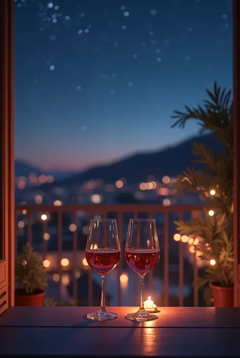 Real photo of 2 glasses of wine on the balcony at night