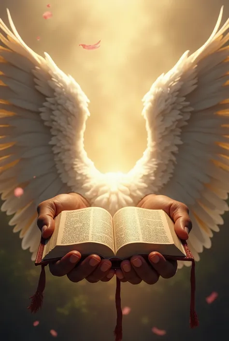 an open wing and in the center the hands holding an open bible