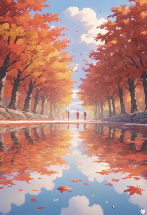 wallpaper, Standing in the autumn, Maple Leaf, Trees, Sky, White Cloud,  HD detail , wet watermark ,  super detailed , Movie,  Surrealism, Soft Light,  deep field defocusing ,  ray tracing, diffusion ( ultra-fine glass reflection ) and  Surrealism. 