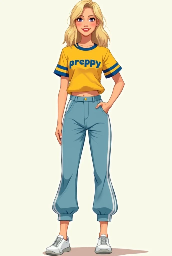 My character is a woman with a tight band her hair is blond her shirt is with blue stripes on the edges of the shirt and the entire shirt in yellow with letters designed by preppy blue and yellow the shirt is a top and her pants are light blue and with whi...