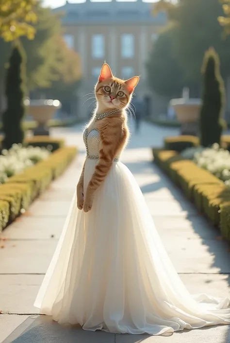 A beautiful cat with a good realistic photo style is wearing a beautiful pure white long dress、The dress is decorated with jewels、Posing with her head turned around、 stand on their own with two legs、The background is a square with fountains and flower beds...