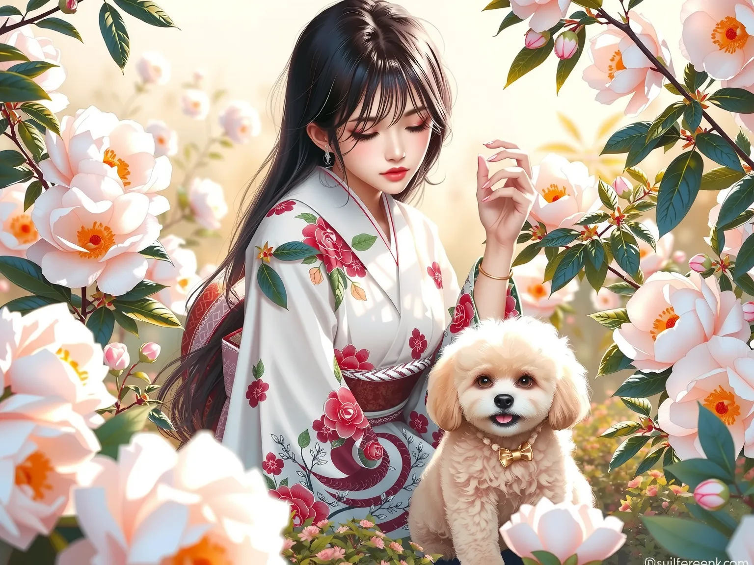 ( 8k resolution、 Masterpiece、 top quality:1.4)、(( Delicate Artistic Airbrush Images Pointing at Peonies、 Intricate Details))、2.5D、A garden where peonies bloom、Peonies shining in the sunshine after the rain、sunlight、Beautiful woman sits down and reaches for...