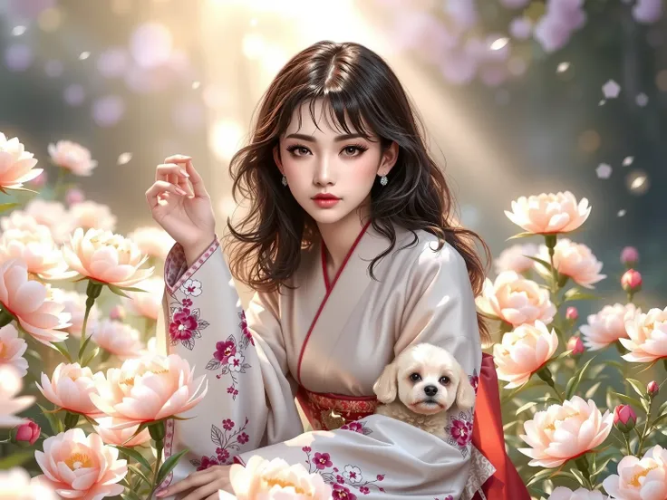 ( 8k resolution、 Masterpiece、 top quality:1.4)、(( Delicate Artistic Airbrush Images Pointing at Peonies、 Intricate Details))、2.5D、A garden where peonies bloom、Peonies shining in the sunshine after the rain、sunlight、Beautiful woman sits down and reaches for...