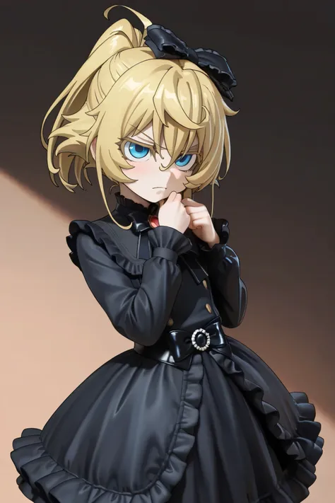 NSFW, Masterpiece, top quality, Hi-Res, very detailed, Tanya DeGrechaff, short hair、 blue eyes、 blond hair、 、 side lock、stupid hair、 ponytail、ショート ponytail, Gothic Lolita Dress , frill dress,Clothing store