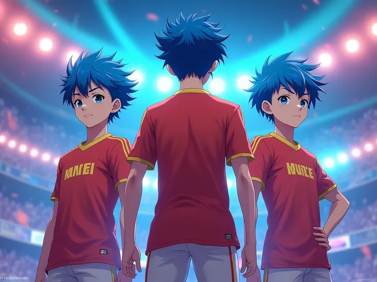 3 male  ans adolescent male sauvage charismatique puissant style anime blue soccer 2.
avec des coupe de cheveux bleu et rouge yeux ecarlate stylé artificiel 
maillot de foot rouge et jaune.
sont au club de koroz entourer de gigansteque hologram geant.3D.