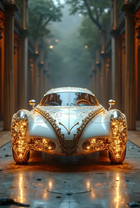 Hello, generate for me a rendering of an allegorical car using materials such as glass and wood and the color white and that has elements that represent the theater