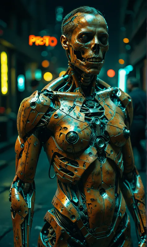 Cyberpunk photo, middle-aged man, cyborg, facial implants, muscular body, mechanical body, mechanical arms, mechanical skeleton, rusty armor, neon background, dark background, eye contact, looking at viewer, masterpiece, best quality, perfect detail  , per...