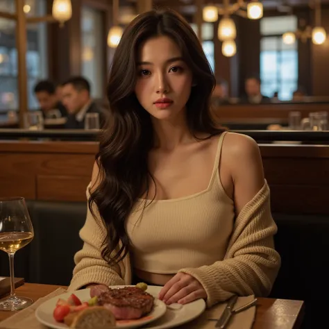  busty beautiful woman,  sitting disofa restaurant with seductive poses, At the table there is steak and wine ,  draped over some people eating,  women's skirt wearing a tanktop combined with a cardigan, as well as a beige cotton miniskirt.