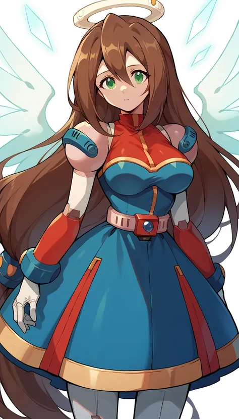  masterpiece, best quality, latest, iris (Mega Man),cowboy shot, 1 girl, brown hair, Green Eyes,  long hair,  dress, blue  dress, red  dress,  android ,  ,  gloves, big breasts, skirt by humili,Angel's Gaze