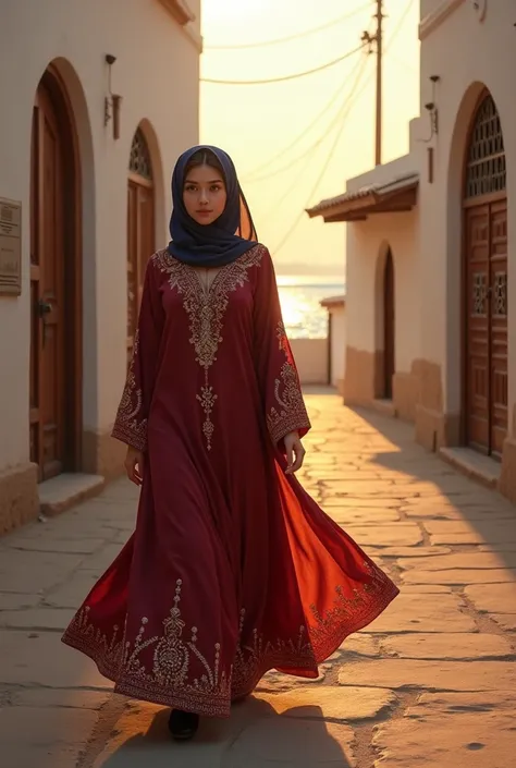 Arabian gulf Guirl around  wearing traditional Ramadan dress walking in neighborhood